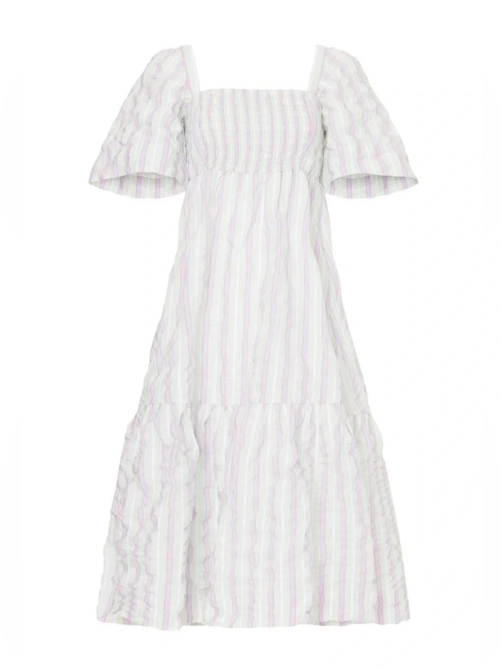 GANNI Pastel Striped Seersucker Midi Dress